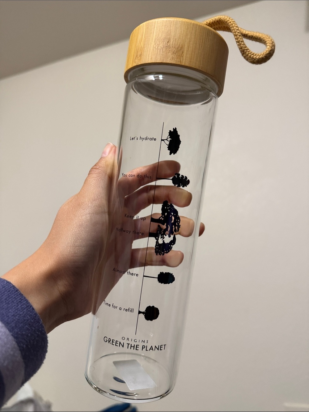 Origins Clear Glass Water Bottle with Bamboo Lid and Black Graphics